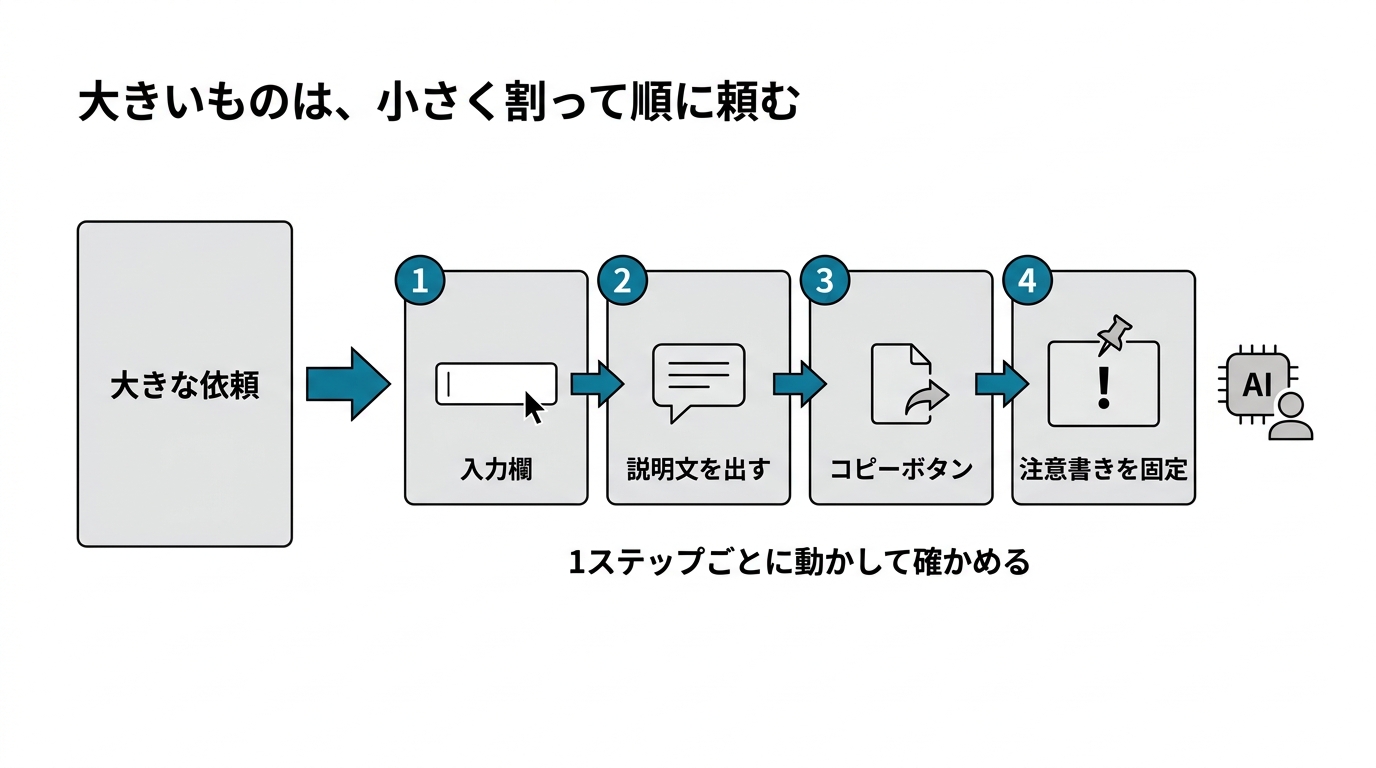 大きいものは小さく割って順に頼む。大きな依頼を、入力欄・説明文・コピーボタン・注意書きの4ステップに割る。