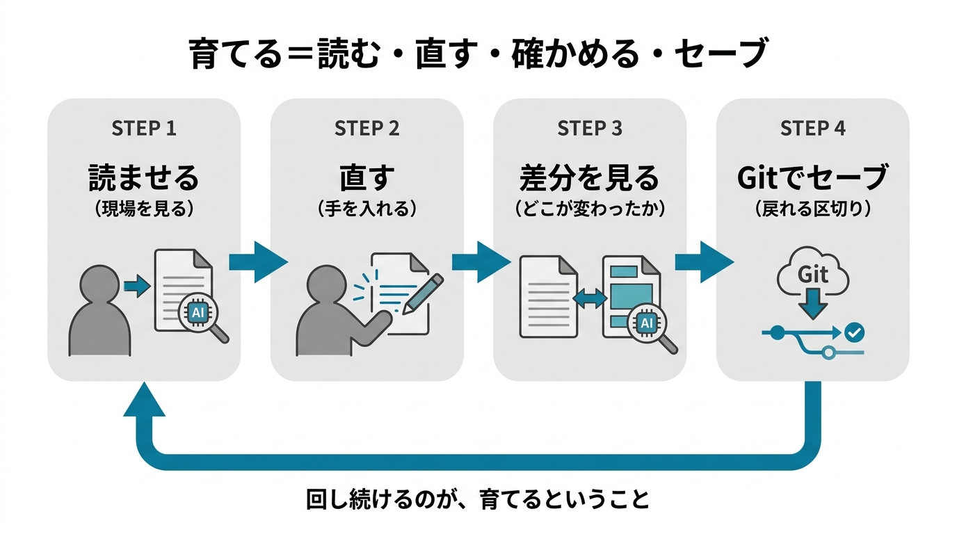 育てるは、読む・直す・差分を見る・Gitでセーブを回すこと。